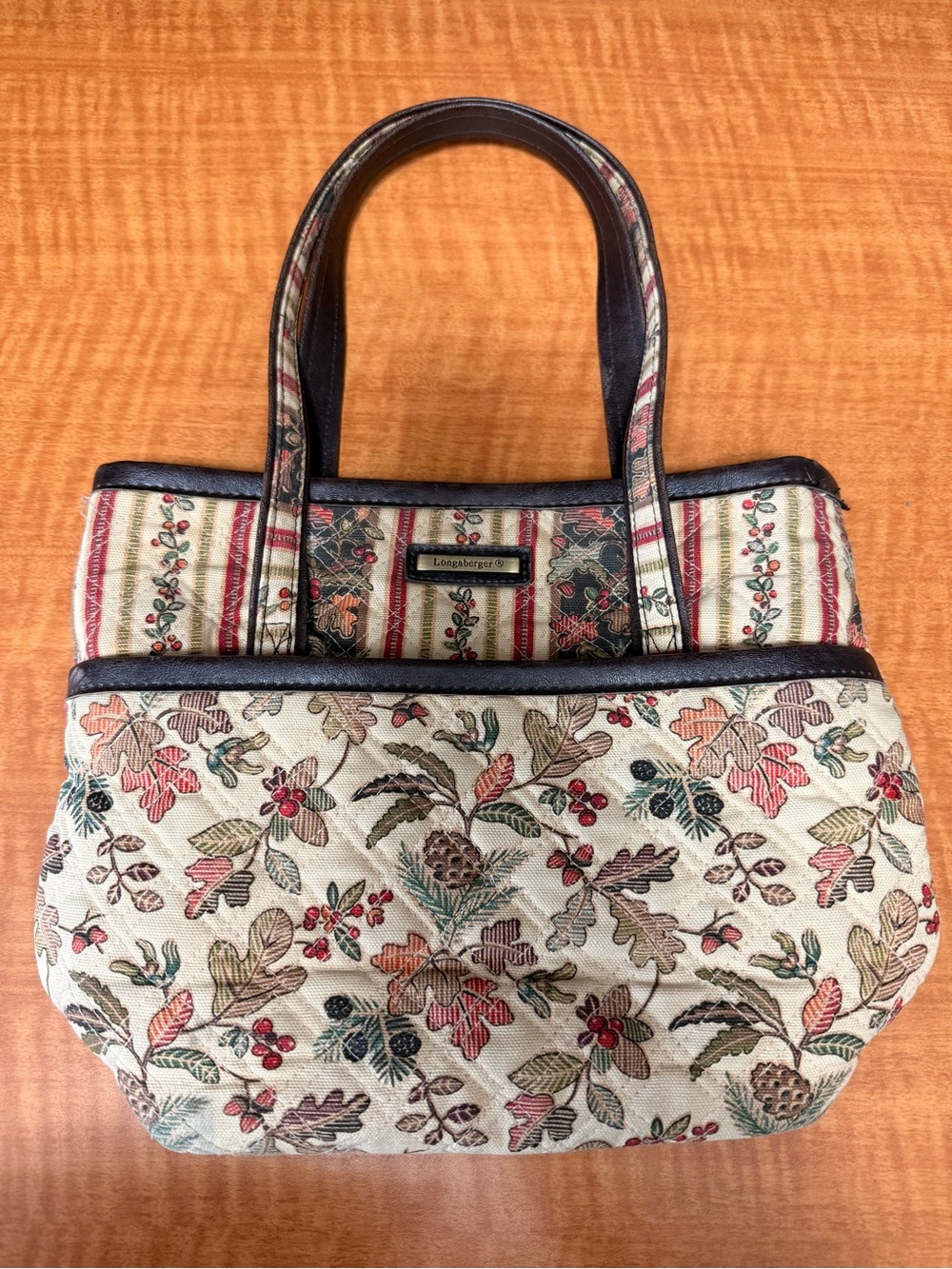 Longaberger Cream Floral Tapestry Tote with Multi-Accent Stripes